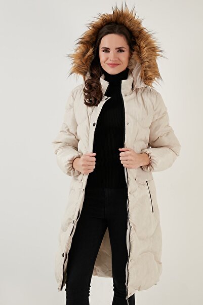 Lela Quilted Winter Long Coat with Faux Fur Collar and Removable Hood 6477401