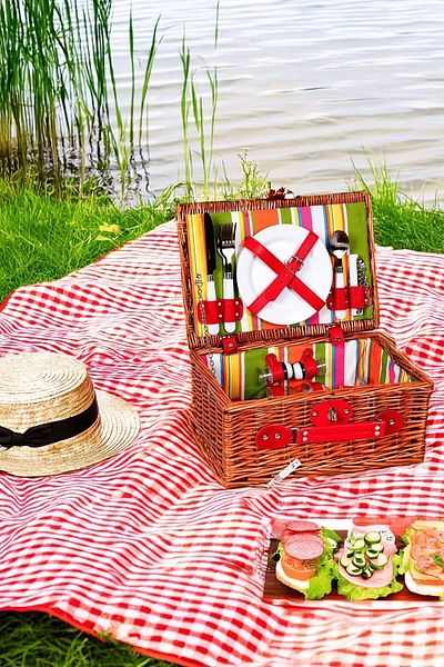 Perotti Picno Italy 2 Person Colorful Wicker Picnic Basket - Portable Accessory Basket Lined
