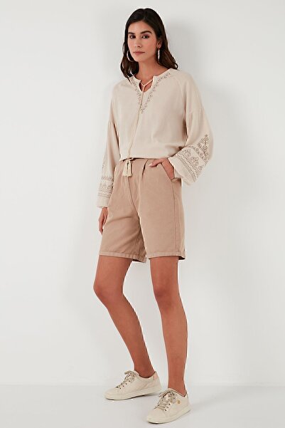 Lela Δέσιμο γιακά με μανίκια Κέντημα με λαιμόκοψη σε κανονική εφαρμογή Μπλούζα μπλούζα 611bz0368