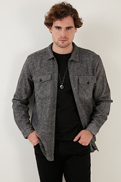 Buratti Erkek Gri Çift Cepli Fermuarlı Slim Fit Kışlık Gömlek Cf21w112925