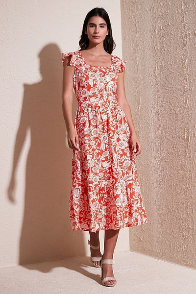 Lela Patterned Regular Fit Square Collar Flounce Midi Dress DRESS 611EL501
