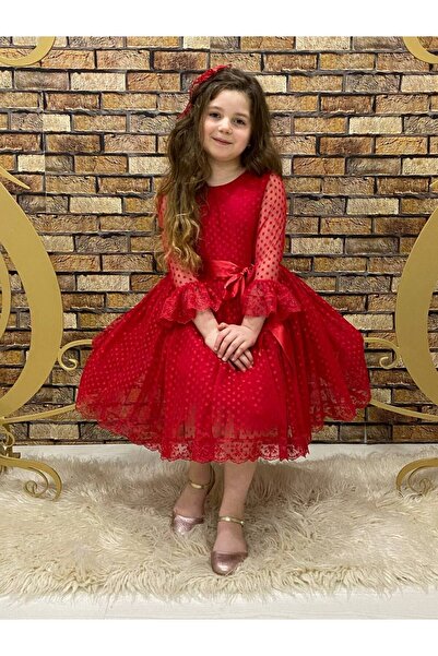 defada Elegáns gyerek születésnapi ruha piros pöttyös csipkés csattal