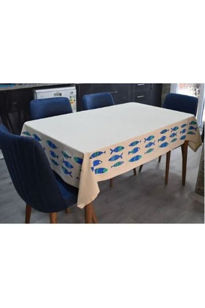 TUNCAY TEKSTİL Fish Printed Blue Linen Rectangular Tablecloth