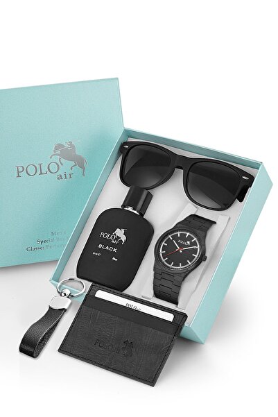Polo Air Erkek Kol Saati Gözlük Parfüm Kartlık Anahtarlık Kombin Set Siyah Re...