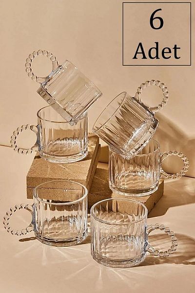 Erbaşlar 6-piece Bead Handle Glass Cup - Espresso Soft Drink Cup