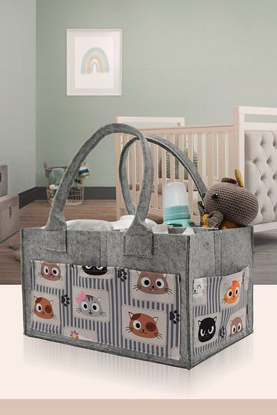 JASPER Cat Figured Patterned Gray Felt Mother Baby Care Bag Organizer