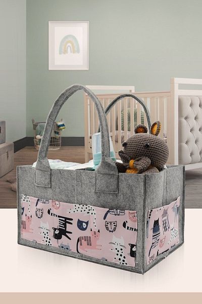 JASPER Gray-Pink Felt Mother Baby Care Bag Organizer with Animal Figures
