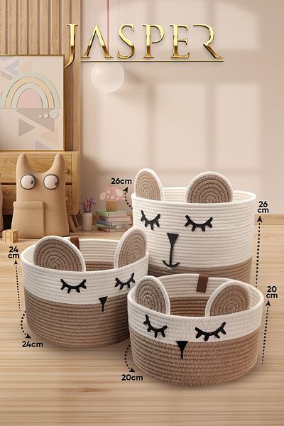 JASPER Beige Jute Rope 3-Piece - Panda Designed Children's Room Organizer, Multi-Purpose Toy Clothes and Basket