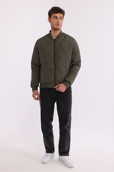 D1fference Men's Khaki College Collar Water and Windproof Quilted Patterned Fiber Padded Coat