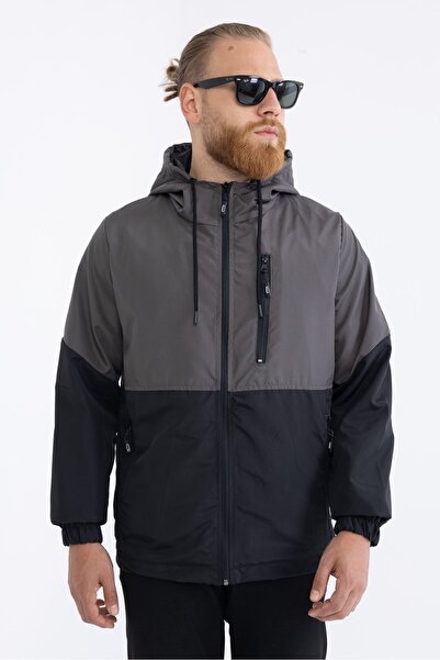 Goccix معطف واق من المطر بجيب وغطاء للرأس مبطن بلونين باللون الأسود الفحمي لل...