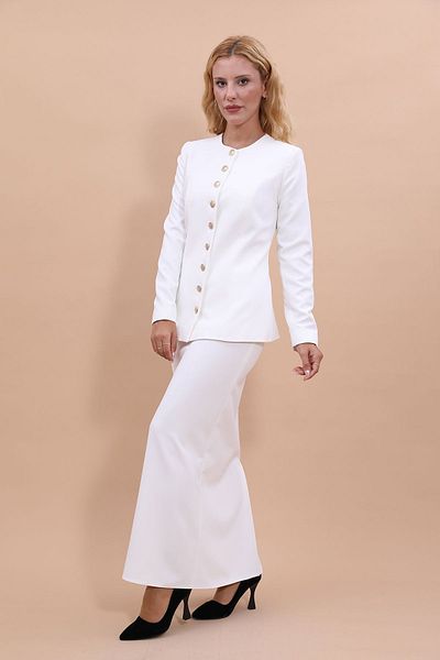 ÖNDER ÖZSOY Ecru Colored Buttoned Belted Jacket and Long Pencil Skirt Set