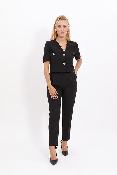 ÖNDER ÖZSOY Black Mini Jacket and Pleated Pipe Leg Pants Set - Short Sleeve