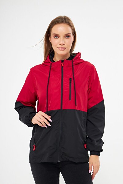 D1fference Női piros-fekete kétszínű bélelt szélálló kapucnis esőkabát zsebekkel