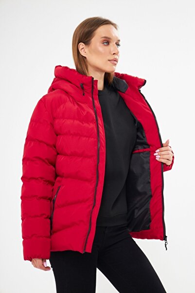 D1fference Kadın Kırmızı Kapüşonlu Rüzgar Geçirmez Şişme Kışlık Mont