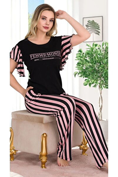 Cooqpoo Σετ πιτζάμες με ριγέ μανίκια βολάν μεγέθους M-L-XL