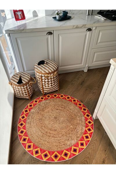 Halımax Yuvarlak Hasır Jüt Görünümlü Mandala Kaymaz Taban Yıkanabilir Kilim