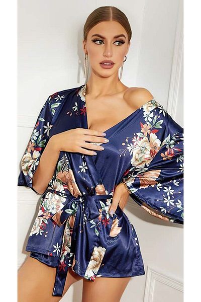 Cooqpoo Set cămașă de noapte și halat de damă din satin - cu imprimeu, mărimi S-M-L-XL