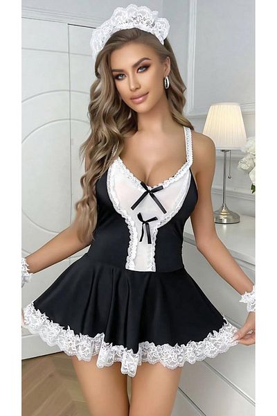 Cooqpoo Costum de servitoare fantezie sexy - cu glugă, fustă scurtă cu volane, mărime S/M-L/XL