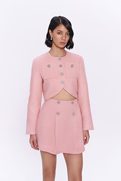 Quzu Parlak Taşlı Simli Tüvit Ceket Pembe