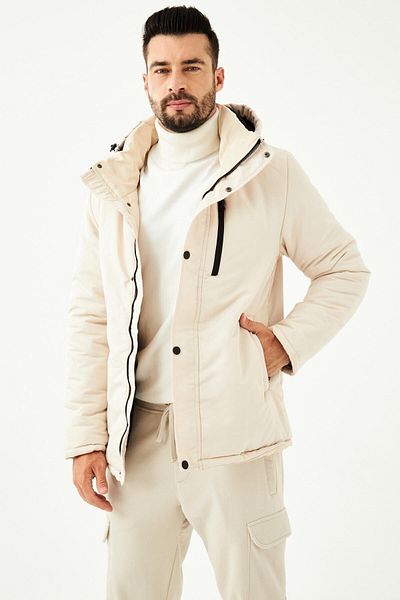 RİVERCLUP Men's Beige Detachable Hooded Water and Windproof Winter Coat & Coat & Parka