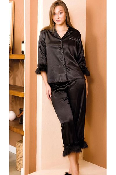 Cooqpoo Set pijama lungă din satin S-M-L-XL cu pene negre