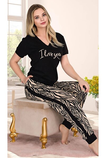 Cooqpoo بدلة بيجامة سوداء مقاس M-L-XL بنصف كم مكتوب عليها "أحبك".