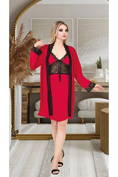 Cooqpoo Set roșu de 2 piese de cămașă de noapte și halat brodat din dantelă - Mărimea S/M-L/XL