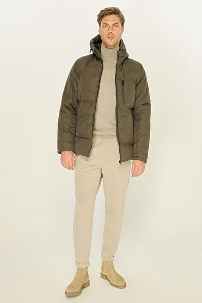 RİVERCLUP Erkek Haki Elyaflı Kapüşonlu Rüzgar Geçirmez Şişme Kışlık Mont