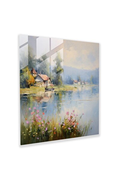 PaintedAnarchy Calm Lakeside Village, Glass Painting, Village, Modern Art