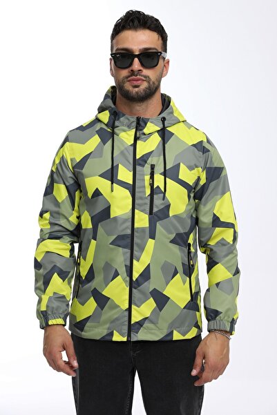 RİVERCLUP Erkek Kamuflaj Desen Astarlı Rüzgara Dayanıklı Kapüşonlu Cepli Yağm...