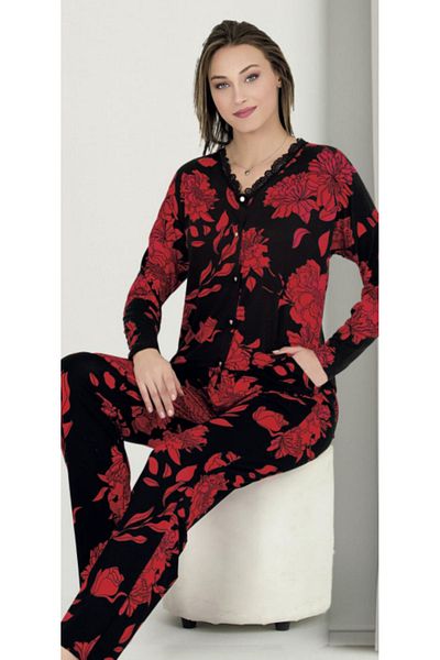 Cooqpoo Set pijamale din bumbac pieptănat M-l-xl cu flori roșii pe negru