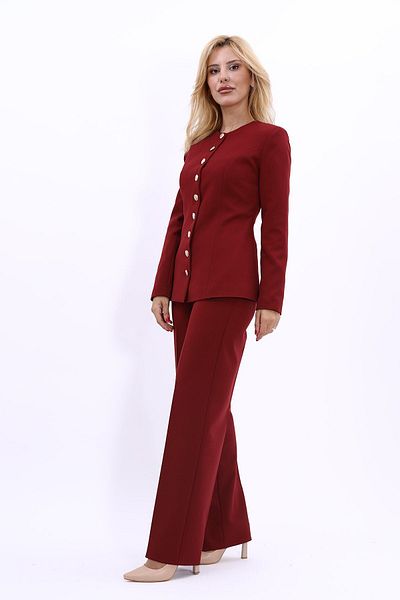 ÖNDER ÖZSOY Claret Red Jacket and Wide Leg Trousers Set - Neck Button and Belt