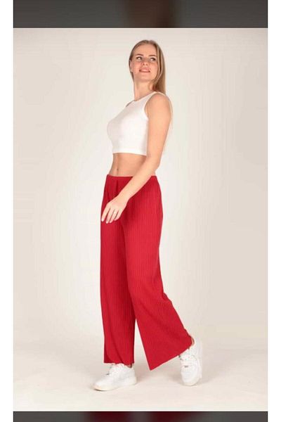 Cooqpoo Red Wide Leg Ribbed Summer Pants - Size M-L-Xl Women's Sweatpants