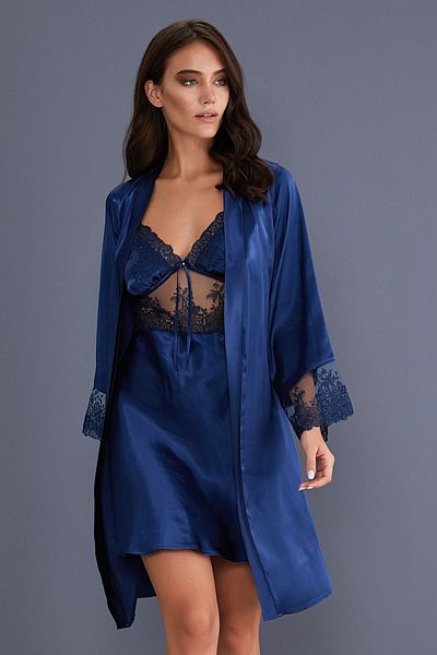 AYYILDIZ 3802 Navy Blue Satin Nightgown Dressing Gown Set