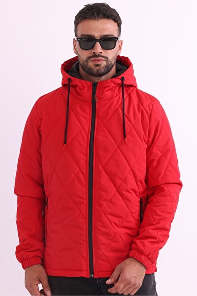RİVERCLUP Erkek Kırmızı Astarlı Rüzgara Dayanıklı Kapüşonlu Mont