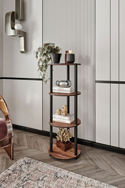 Halımax Libra Ceviz Kahverengi Kitaplık Çok Amaçlı Yuvarlak 4 Raflı Sehpa