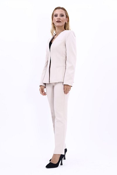 ÖNDER ÖZSOY Beige Color V-Neck Long Jacket and Pipe Leg Trousers Set