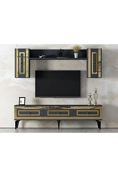 cantek dizayn Karrya 180 Cm Tv Ünitesi Antrasit Altın