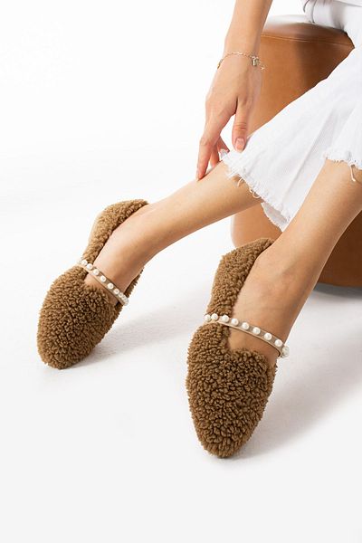 Moda Devrin Γυναικείες μπαλαρίνες Winter Mink Wool Pearled - Παπούτσια για το σπίτι και τον εξωτερικό χώρο