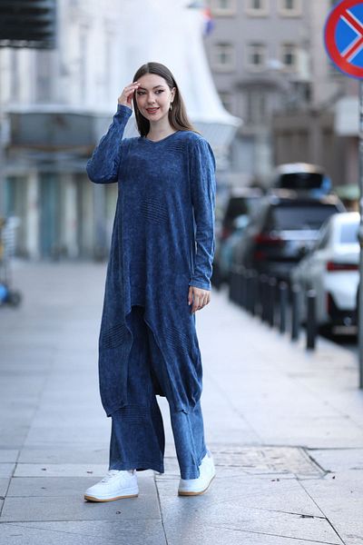 AYASOFYA OTANTIK Navy Blue Patterned Women's Tunic and Trousers Antique - Cotton Knitwear 2-Piece Set