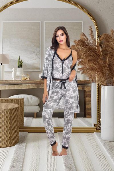 Cooqpoo Thin Straps Gray Stylish Patterned 3-Piece S/M-L/Xl Size Women's Dressing Gown Pajamas Set
