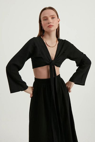 Hiccup Deep V Neck Side Cutout Bell Sleeve Long Sleeve Crop Top