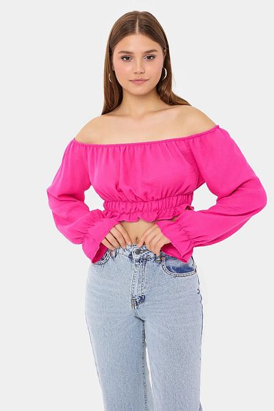 Hiccup Λινό Crop Top με μακρύ μανίκι από τον ώμο και πλισέ λεπτομέρεια