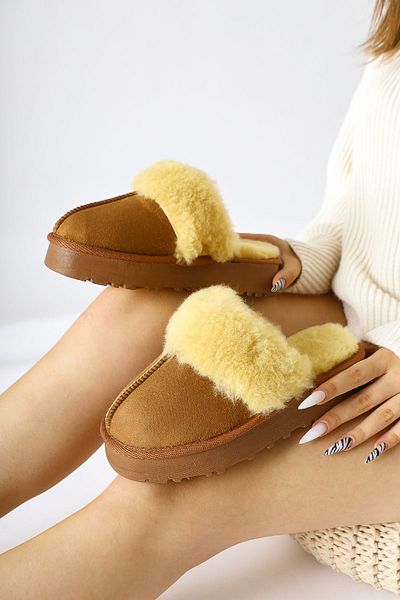 Limoya Anne-margrete Tan Suede Faux Fur Λεπτομερείς Παντόφλες Γυναικείες Παντόφλες