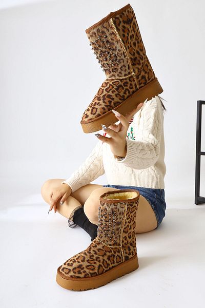 Limoya Γυναικείες μπότες με σχέδιο Leopard Suede - Pull-on Bootie με γούνα στο εσωτερικό και λεπτομέρεια με χάντρες
