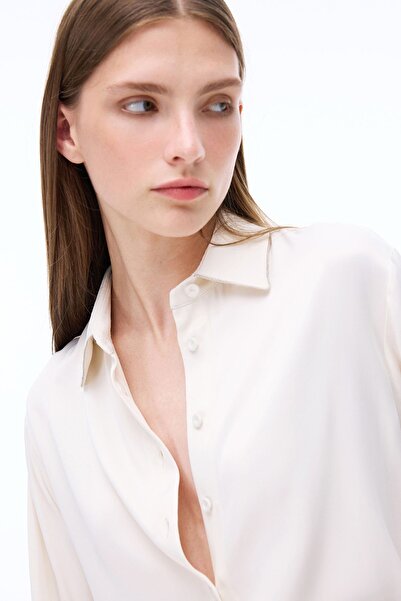 Perspective Safira Rahat Kalıp Düşük Kollu Gömlek Yaka Ekru Renk Kadın Gömlek