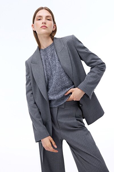 Perspective Anthracite Colored Striped Regular Fit Women's Jacket - Fitted Sleeve and Collar Detail