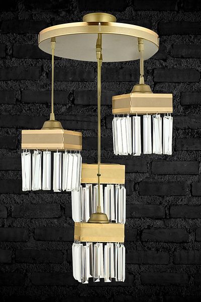 SONSUZ AYDINLATMA&AVİZE Infinite 4-Piece Antique Pendant Lamp with Crystal Stones and Yellow Stripe Square Downward Facing Luxury Chandelier