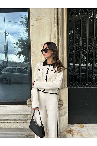 Julishop Polo Collar White Black Knitwear Suit - Elastic Waist, Buttoned Cardigan, Striped Trousers
