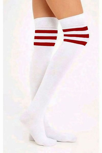 KARDEŞLER ÇORAP Red Striped White Knee High Cotton Socks